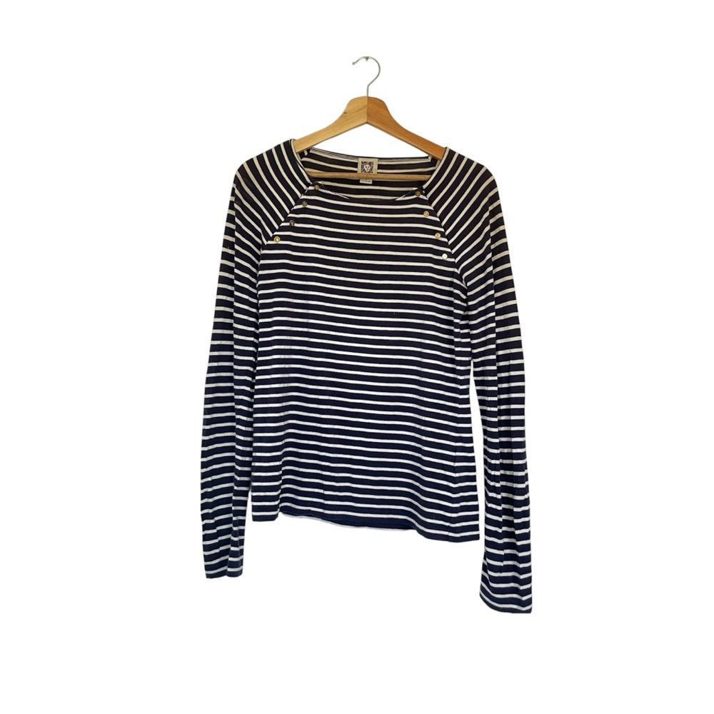 Anne Klein Striped Navy Blue White Long Sleeve Shirt Sz S Button Shoulder Top